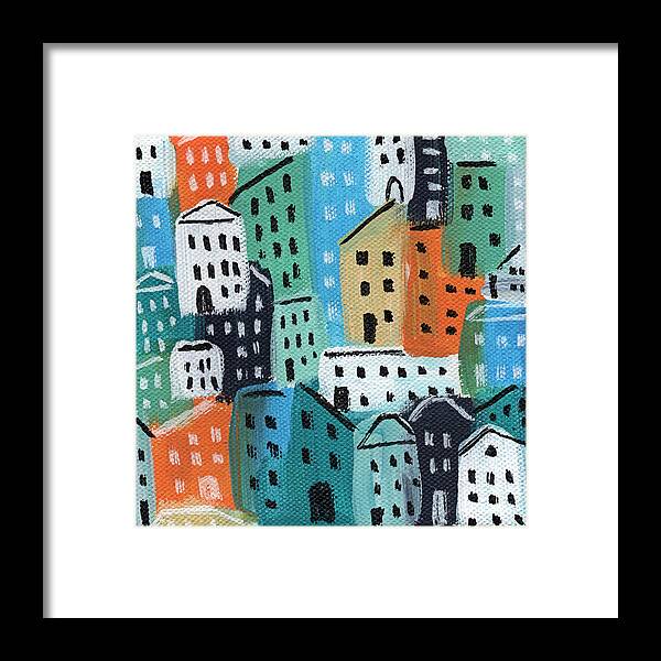 City Framed Print featuring the painting City Stories- Blue and Orange by Linda Woods