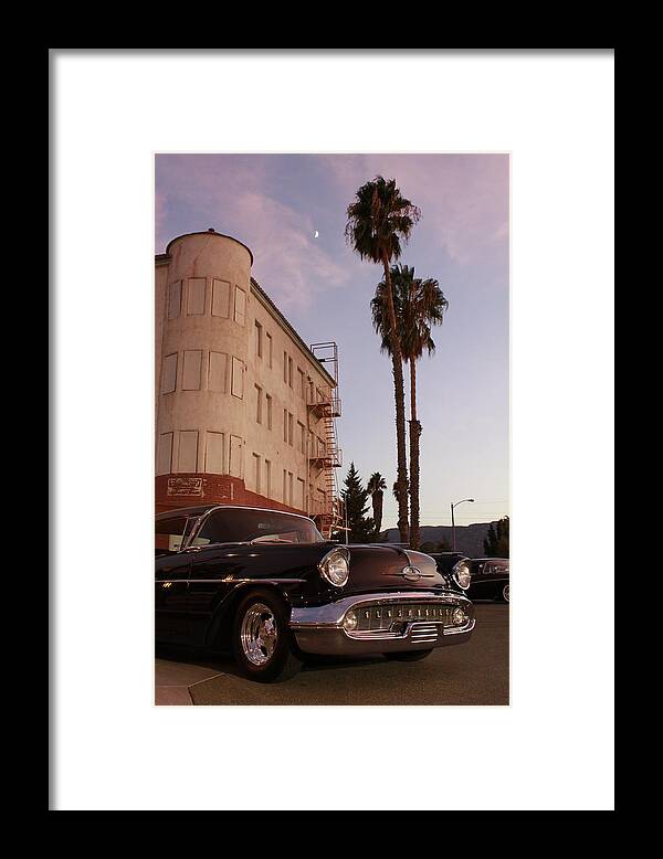 Car Chrysler Wheels Hotel Lake-elsinore Car-show Street Palm Tree Sun-set Framed Print featuring the photograph Classic At Sunset by Lawrence Costales