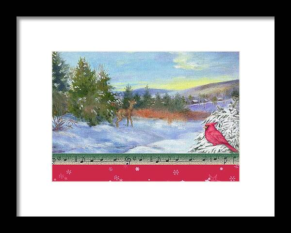 Snowscape Framed Print featuring the painting Classic Winterscape with cardinal and reindeer by Judith Cheng