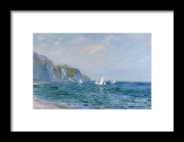 Cliffs And Sailboats At Pourville Framed Print featuring the painting Cliffs and Sailboats at Pourville by Claude Monet