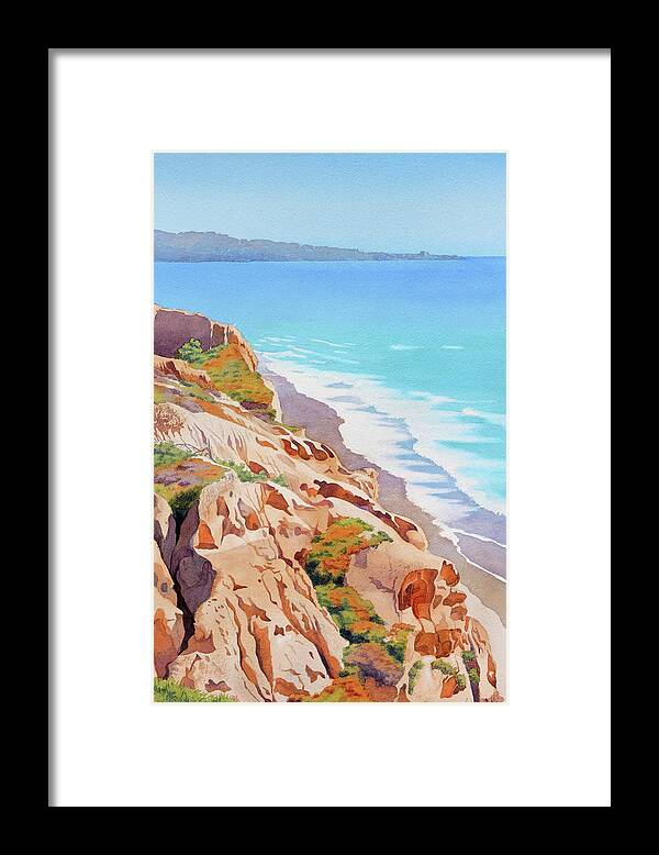 Ocean Framed Print featuring the painting Cliffs at Torrey Pines 2016 by Mary Helmreich