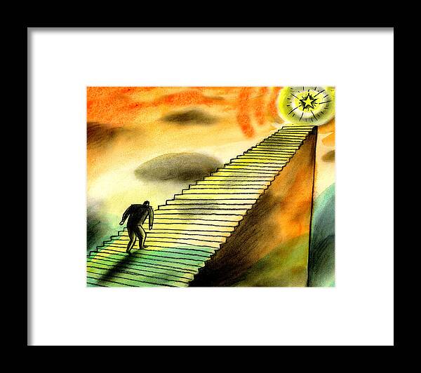 Ambition Ascending Aspiration Aspire Bright Career Career Path Climbing Cloud Color Colour Corporate Ladder Day Daytime Destination Destiny Determination Goal Going Graphic Design Horizontal Idealism Illumination Illustration Incentive Inspiration Journey Leaving Life Light Living Male Man Motivation Object One Opportunity Optimism Outdoor Outside Path Pioneer Promotion Radiating Resolution Rising Scaling Shining Sky Stair Staircase Star Steep Stimulus Target Traveling Upper-hand Visibility Framed Print featuring the painting Climbing the corporate ladder by Leon Zernitsky