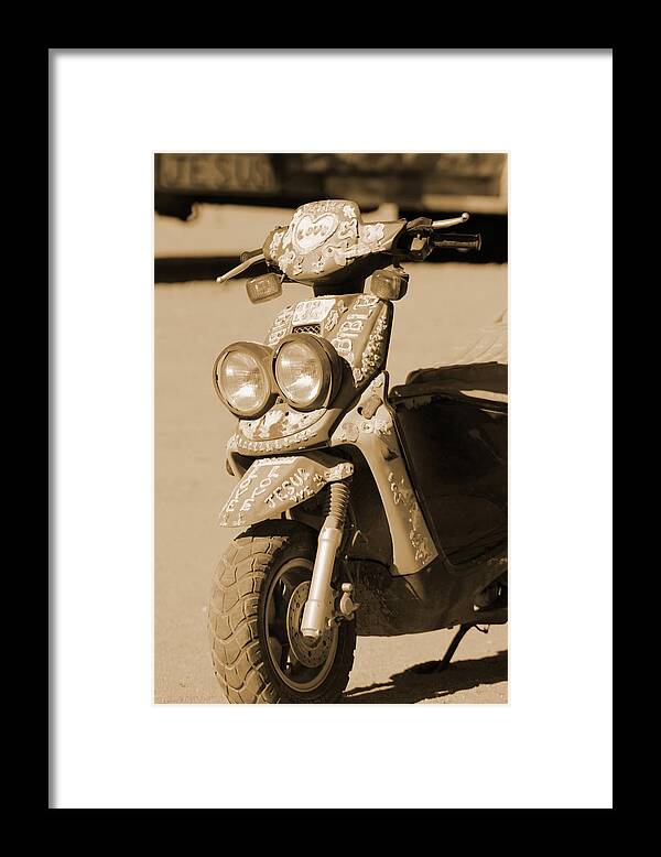 God Is Love Framed Print featuring the photograph Closeup of Jesus Scooter in Sepia by Colleen Cornelius