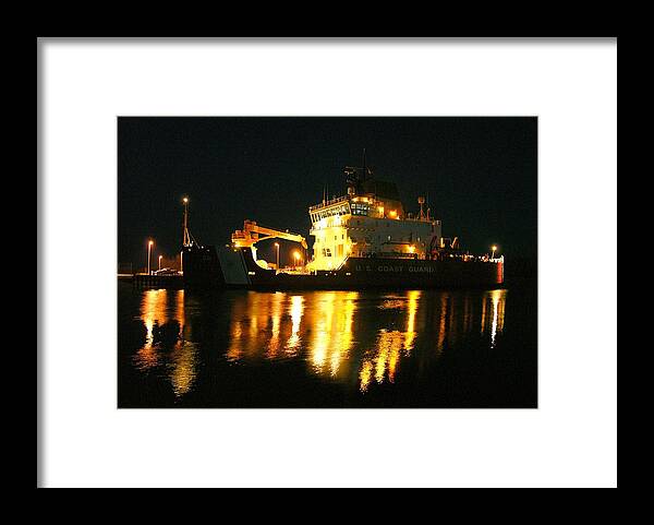 Coast Guard Cutter Framed Print featuring the photograph Coast Guard Cutter Mackinaw at night by Keith Stokes