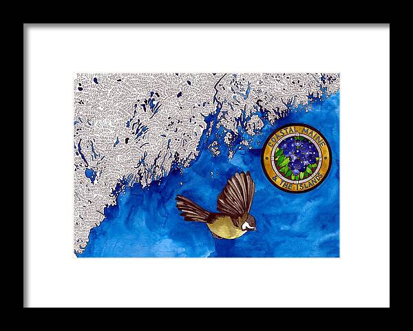  Maine Framed Print featuring the painting Coastal Maine and the Islands Word Map by Terri Kelleher