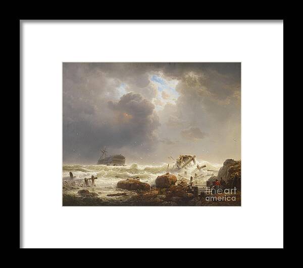 Andreas Achenbach Framed Print featuring the painting Coastline With Stormy Sea by MotionAge Designs