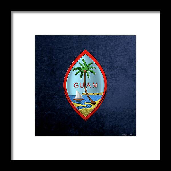 'world Heraldry' Collection Serge Averbukh Framed Print featuring the digital art Coat of Arms of Guam - Guam State Seal over Blue Velvet by Serge Averbukh