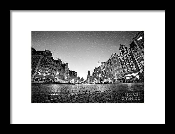 Old Framed Print featuring the photograph Cobblestone historic old town in rain at night Wroclaw by Michal Bednarek