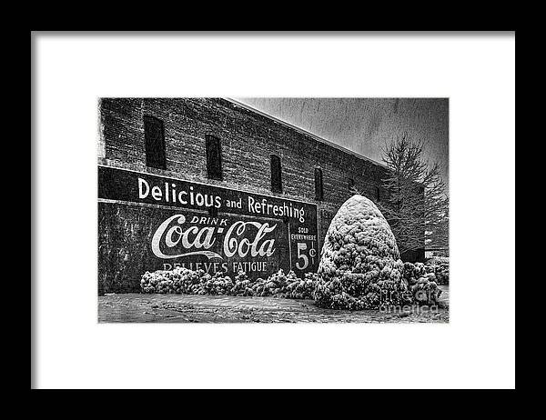 Red Framed Print featuring the photograph Coca Cola Sign in BW by T Lowry Wilson