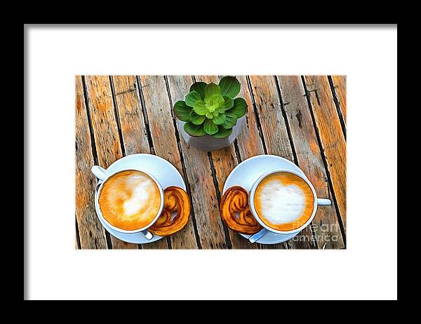 Coffee Framed Print featuring the photograph Coffee cups on timber by Mick Flynn