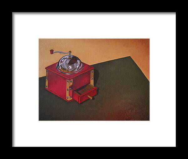 Red Framed Print featuring the painting Coffee Grinder by Lori Miller