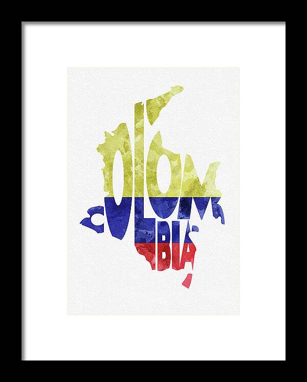 Colombia Framed Print featuring the digital art Colombia Typographic Map Flag by Inspirowl Design