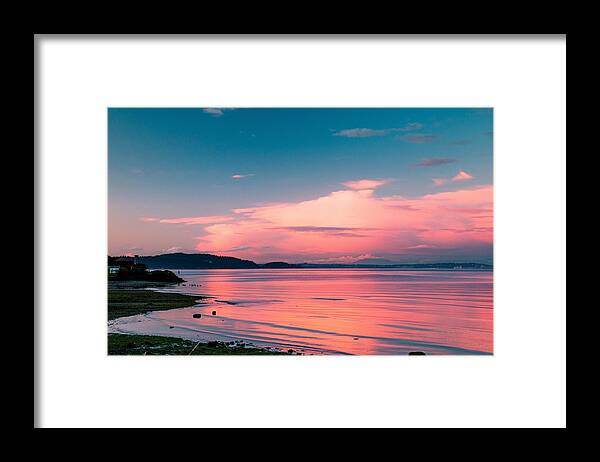 Pink; Blue; Sun Reflected In Clouds; Sun Reflected On Water; Sunset; Yukon Harbor; Shimmering Water; Clouds; Ripples In The Water; Color Me Pink; E Faithe Lester; Faithe Lester; Faith Lester Framed Print featuring the photograph Color Me Pink by E Faithe Lester