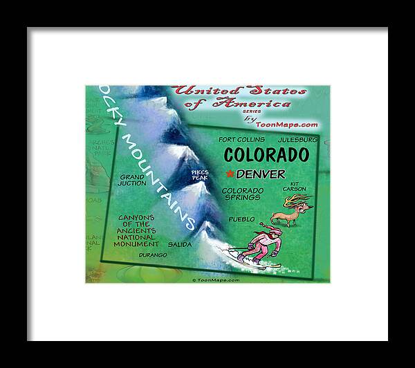 Colorado Framed Print featuring the digital art Colorado Fun Map by Kevin Middleton