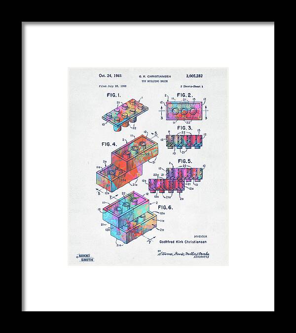 Toy Framed Print featuring the digital art Colorful 1961 Toy Building Brick Patent Art by Nikki Marie Smith