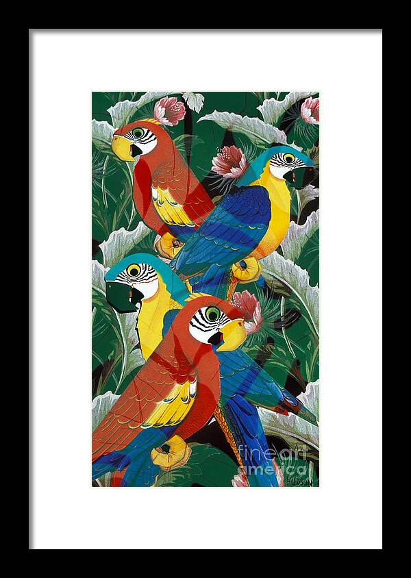 Parrot Framed Print featuring the painting parrot art prints - Introverted Parrots by Sharon Hudson