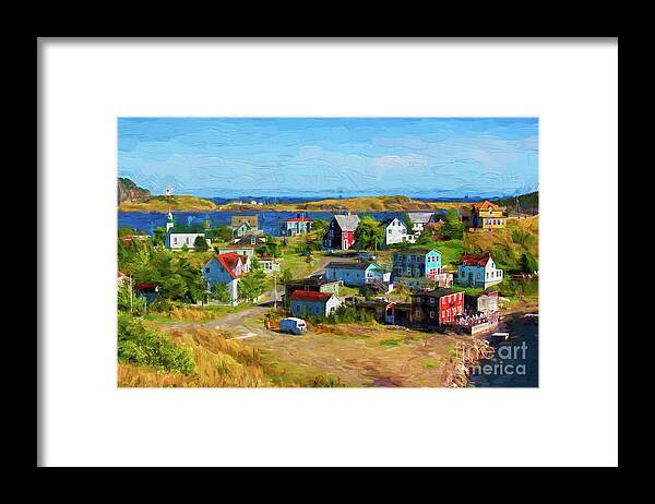 Trinity Framed Print featuring the digital art Colorful Homes in Trinity, Newfoundland - painterly by Les Palenik