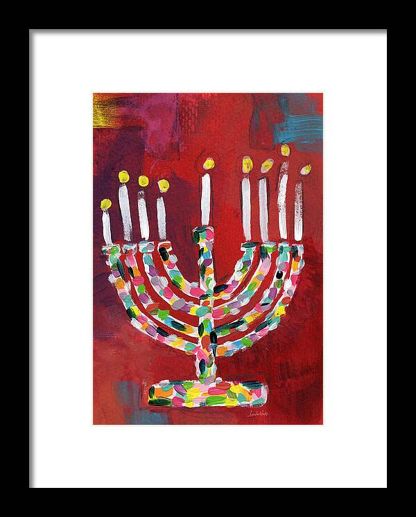 Menorah Framed Print featuring the painting Colorful Menorah- Art by Linda Woods by Linda Woods