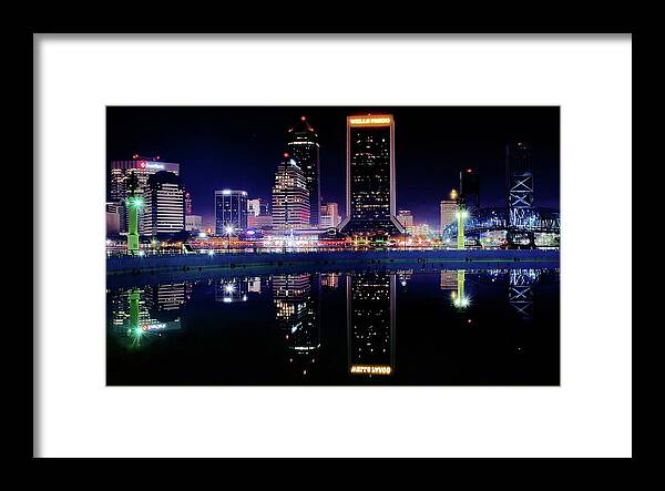 Jacksonville Framed Print featuring the photograph Colorful Night Reflection in Jacksonville by Frozen in Time Fine Art Photography