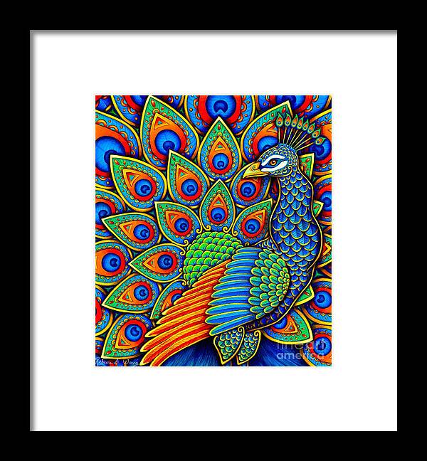 Peacock Framed Print featuring the drawing Colorful Paisley Peacock by Rebecca Wang