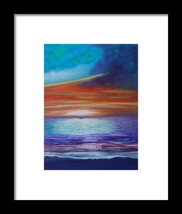 Seascape Painting In Oil On Canvas Of Sunset In Multiple Orange Framed Print featuring the painting Colorful Sunset by Fiona Dinali