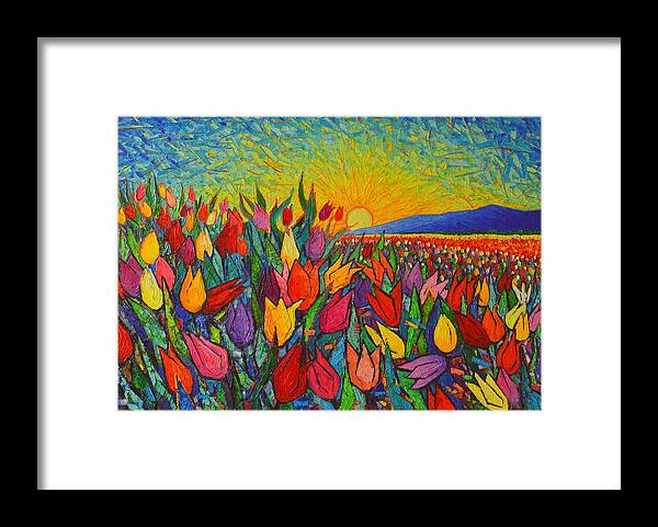 Tulip Framed Print featuring the painting Colorful Tulips Field Sunrise - Abstract Impressionist Palette Knife Painting By Ana Maria Edulescu by Ana Maria Edulescu