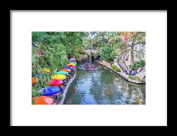 San Antonio Framed Print featuring the photograph Colorful Umbrellas Along Riverwalk #1 by Bee Creek Photography - Tod and Cynthia