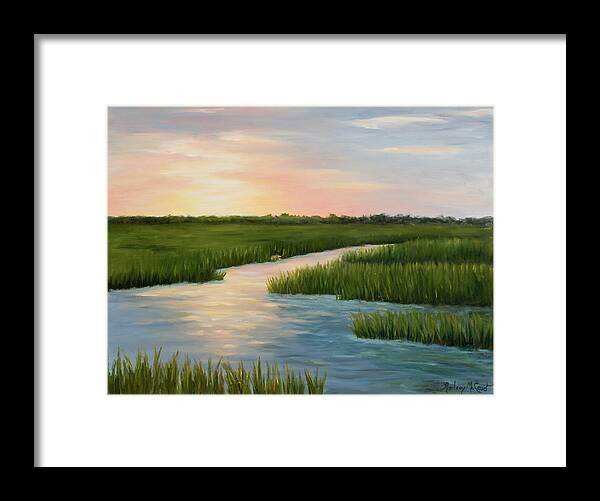 Sunset Over A Marsh Framed Print featuring the painting Colors of a Sunset by Audrey McLeod
