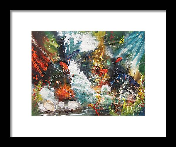 Colors Of The Sea Under The Sea Water Ocean Life Under The Sea Fish Shells Wave Seaweed Abstract Painting Print Framed Print featuring the painting Colors Of The Sea by Miroslaw Chelchowski