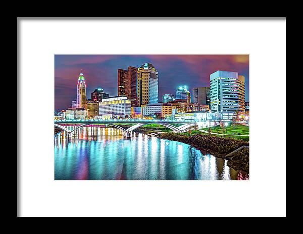 Columbus Skyline Framed Print featuring the photograph Colors Over Columbus Ohio City Skyline by Gregory Ballos