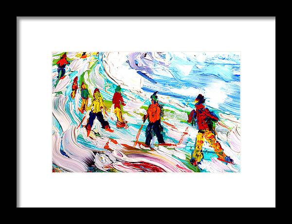 Skiing Framed Print featuring the painting Colours Down the Piste by Pete Caswell
