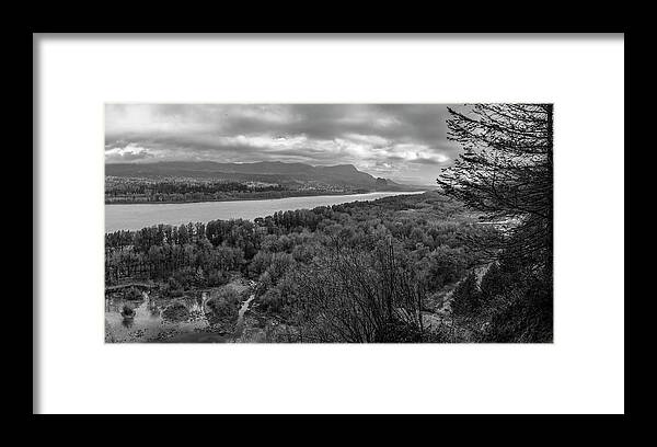 Columbia River Gorge Framed Print featuring the photograph Columbia River Gorge black and white by John McGraw