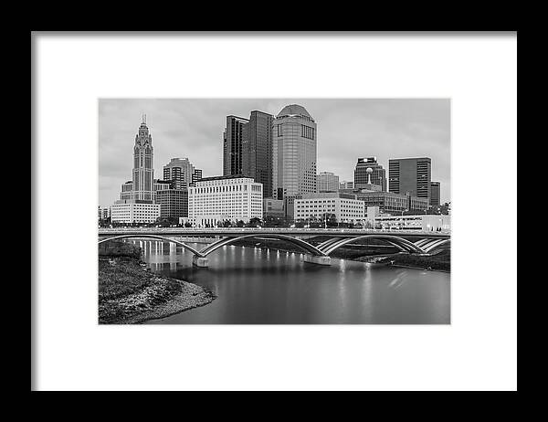 Columbus Skyline Framed Print featuring the photograph Columbus Ohio Downtown Skyline Black and White by Gregory Ballos