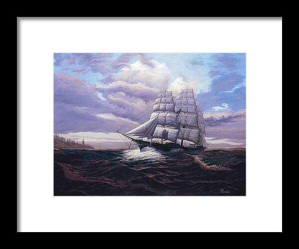Clipper Ship Framed Print featuring the painting Coming Through The Storm by Del Malonee