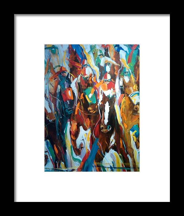 Race Track Framed Print featuring the painting Coming up green by Heather Roddy