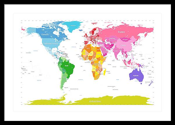 Continents World Map Large Text For Kids Framed Print By Michael