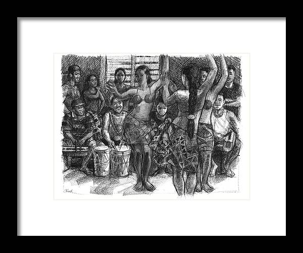 Dance Team Framed Print featuring the drawing Cook Islands Dance Team at Practice by Judith Kunzle