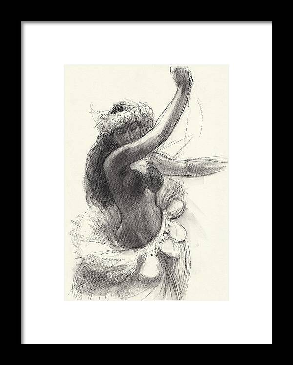 South Pacific Dancer Framed Print featuring the drawing Cook Islands Drum Dancer with Pearl Shells by Judith Kunzle
