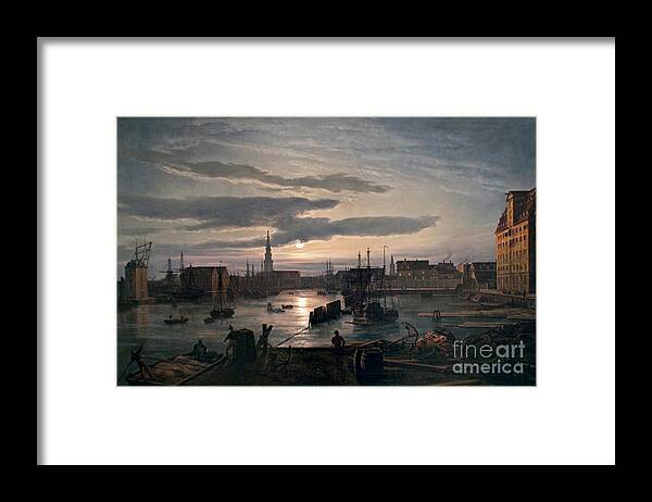 Copenhagen Harbour By Moonlight Framed Print featuring the painting Copenhagen Harbour by Moonlight by Celestial Images