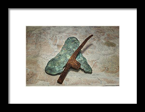 Copper Nugget Framed Print featuring the photograph Copper Nugget Rock Hammer and Map by Fred Denner
