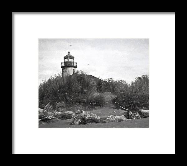 Lighthouse Framed Print featuring the photograph Coquille River Lighthouse Oregon Black And White Giclee Art Print by Gigi Ebert