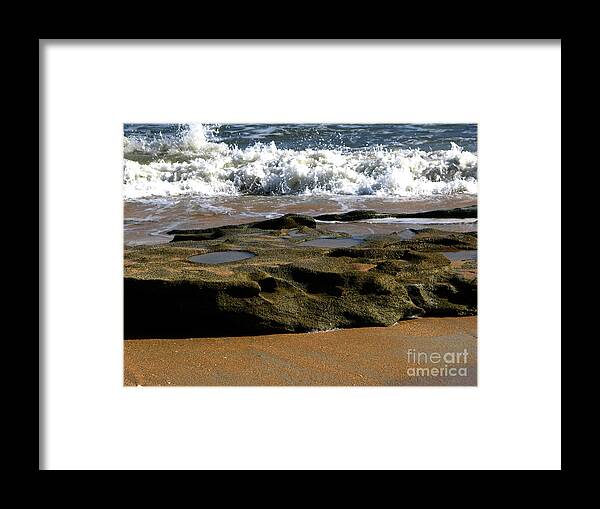 Seashore Framed Print featuring the photograph Coquina rock with wave 2-8-15 by Julianne Felton