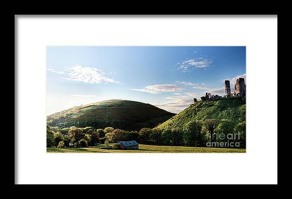 Corfe Castle Framed Print featuring the photograph Corfe Castle morning panoramic by Simon Bratt