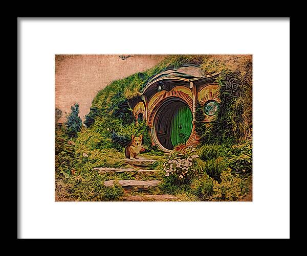 Pembroke Welsh Corgi Framed Print featuring the digital art Corgi at Hobbiton by Kathy Kelly