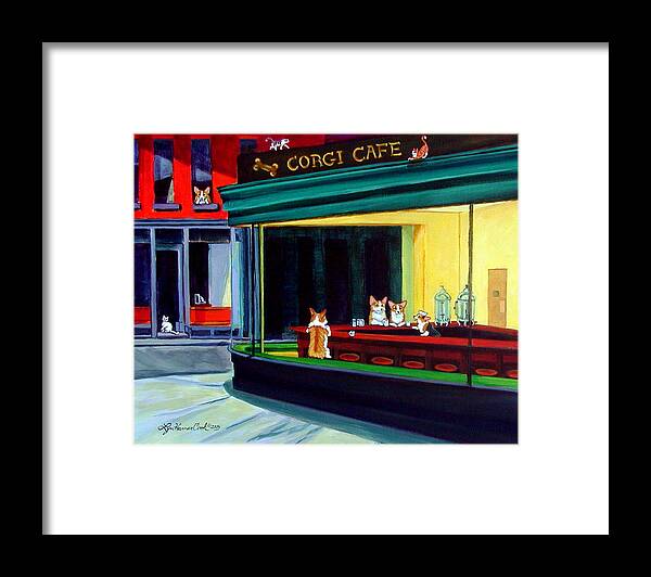 Pembroke Welsh Corgi Framed Print featuring the painting Corgi Cafe after Hopper by Lyn Cook