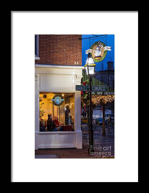 Early Morning Framed Print featuring the photograph Corner Coffee Shop on Market Square, Portsmouth, New Hampshire by Dawna Moore Photography