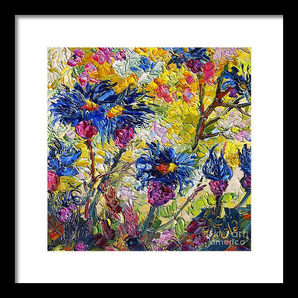 Flowers Framed Print featuring the painting Cornflowers Impressionist Oil Painting by Ginette Callaway