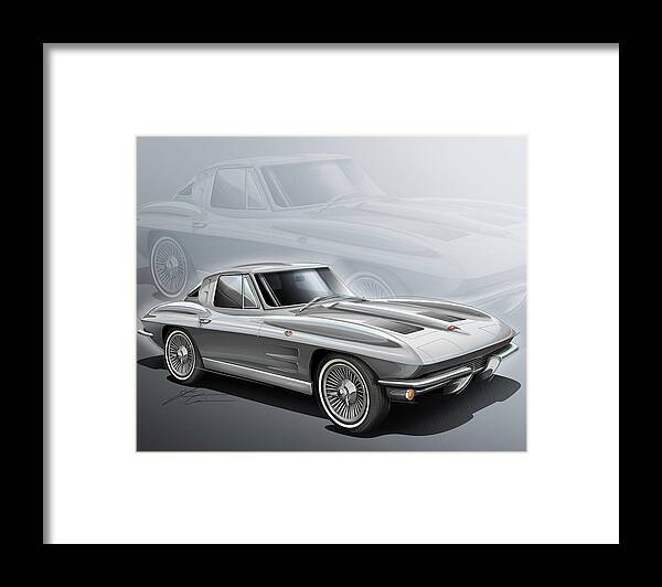 Corvette Sting Ray 1963 Silver Framed Print featuring the digital art Corvette Sting Ray 1963 silver by Etienne Carignan