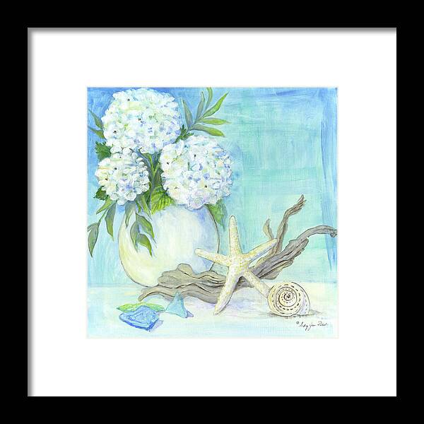 White Hydrangeas Framed Print featuring the painting Cottage at the Shore 1 White Hydrangea Bouquet w Driftwood Starfish Sea Glass and Seashell by Audrey Jeanne Roberts