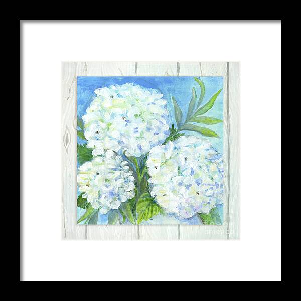 White Hydrangeas Framed Print featuring the painting Cottage at the Shore 5 White Washed Wood w Hydrangeas and Eucalyptus Leaves by Audrey Jeanne Roberts